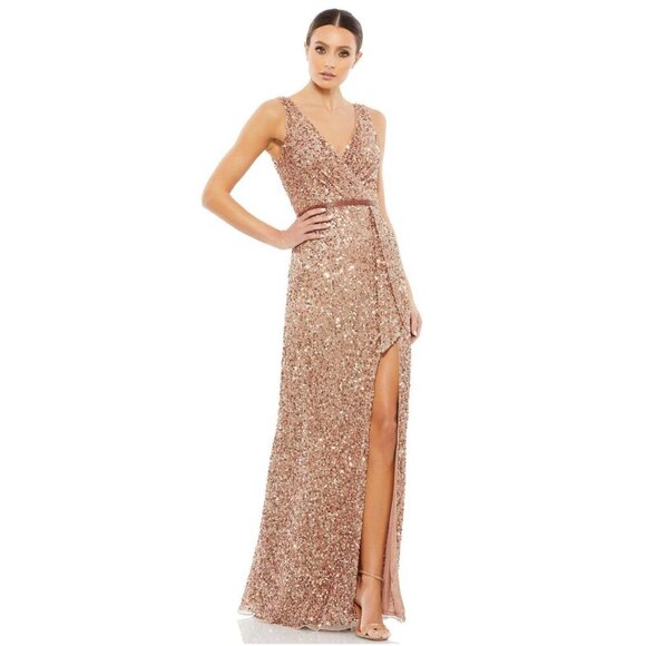 NWT Mac Duggal V-Neck High Slit Sequined Wrap Gown 16 Copper #8058 - Picture 1 of 11